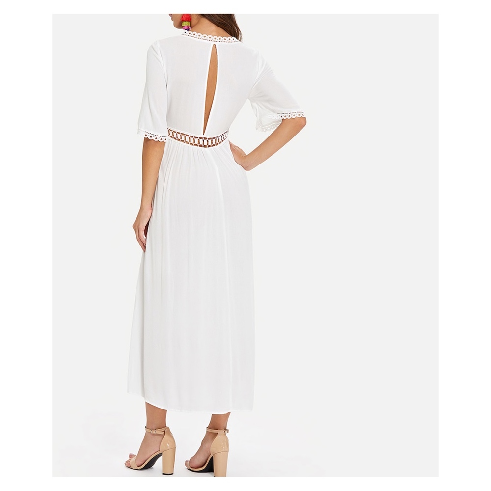 White V Neck Floral Embroidered Maxi Dress - Picture 2 of 5